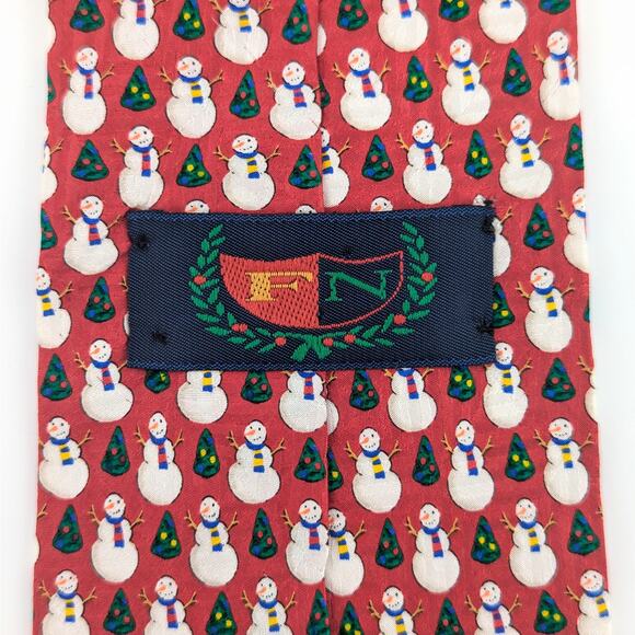 Vintage FN Mens Tie Silk Snowman Christmas Tree Novelty Print Red Made in USA - Picture 2 of 8
